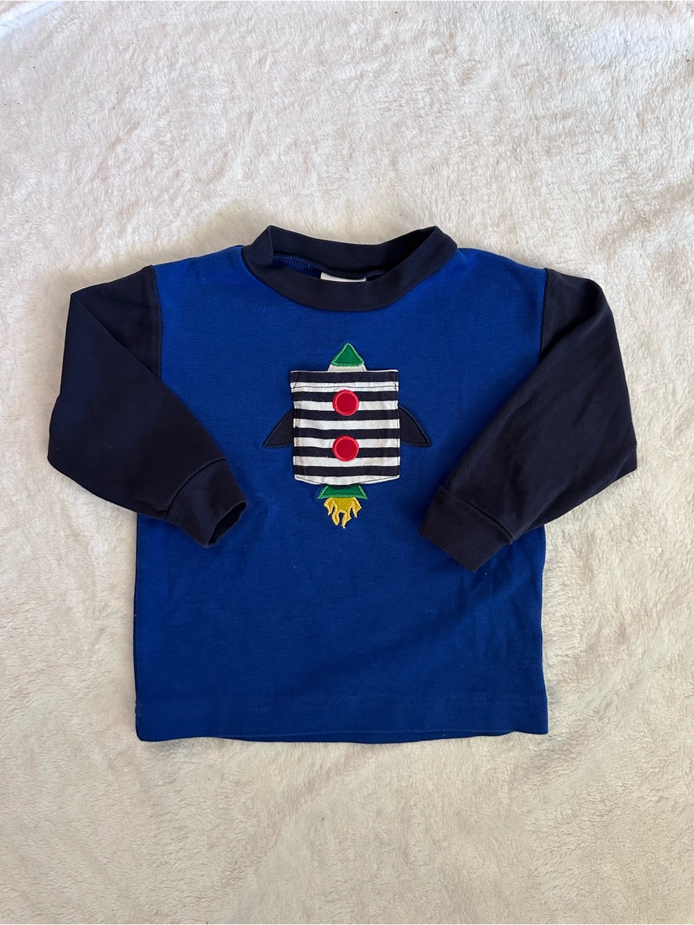 Florence Eiseman Blue & Dark Blue Long-Sleeve Rocket Appliqué Top